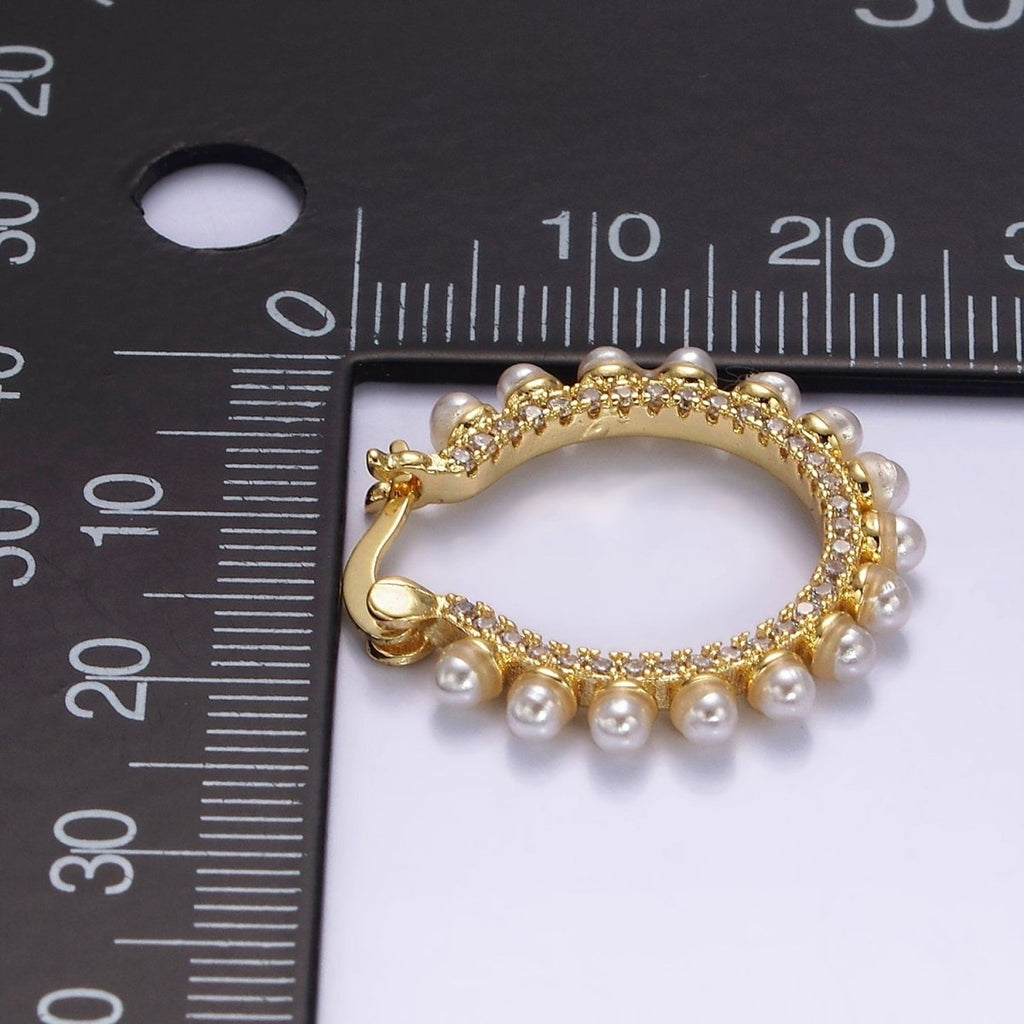 14K Gold plated Micro Paved CZ Pearl Dotted Latch Hoop Earrings in Gold & Silver | AE993 AE994