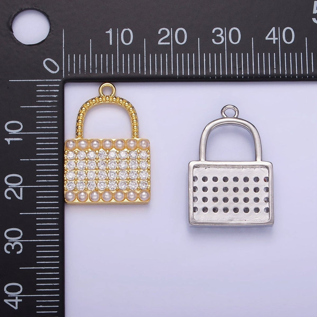 14K Gold plated Micro Paved CZ Pearl Lined Padlock Charm in Gold & Silver | AG691