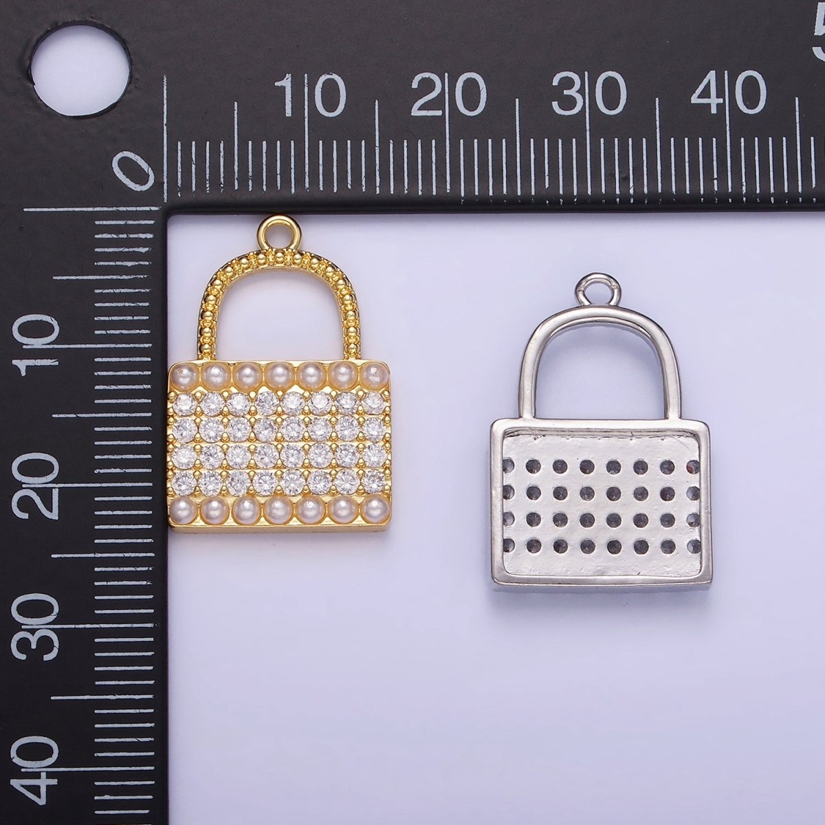 14K Gold plated Micro Paved CZ Pearl Lined Padlock Charm in Gold & Silver | AG691