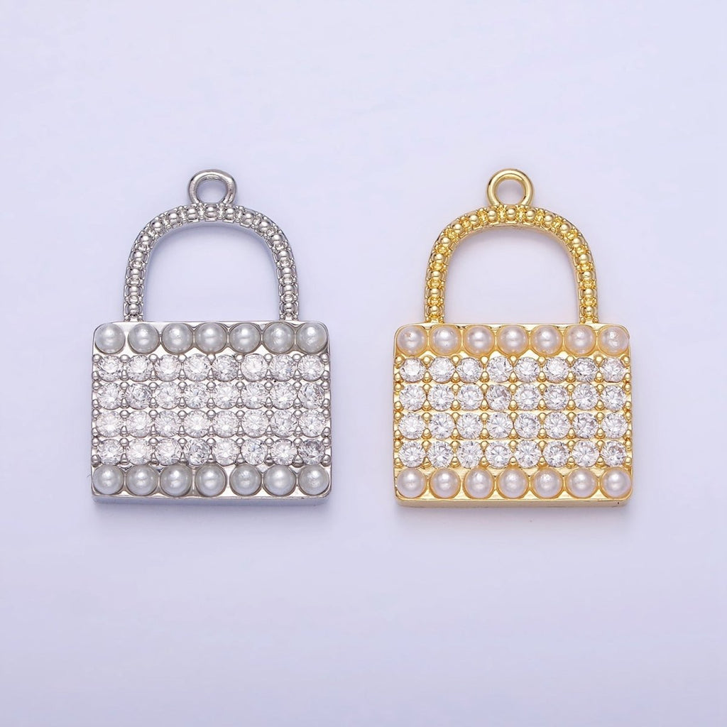14K Gold plated Micro Paved CZ Pearl Lined Padlock Charm in Gold & Silver | AG691