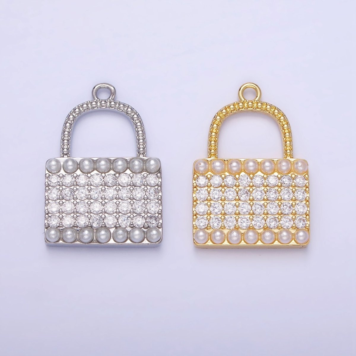 14K Gold plated Micro Paved CZ Pearl Lined Padlock Charm in Gold & Silver | AG691