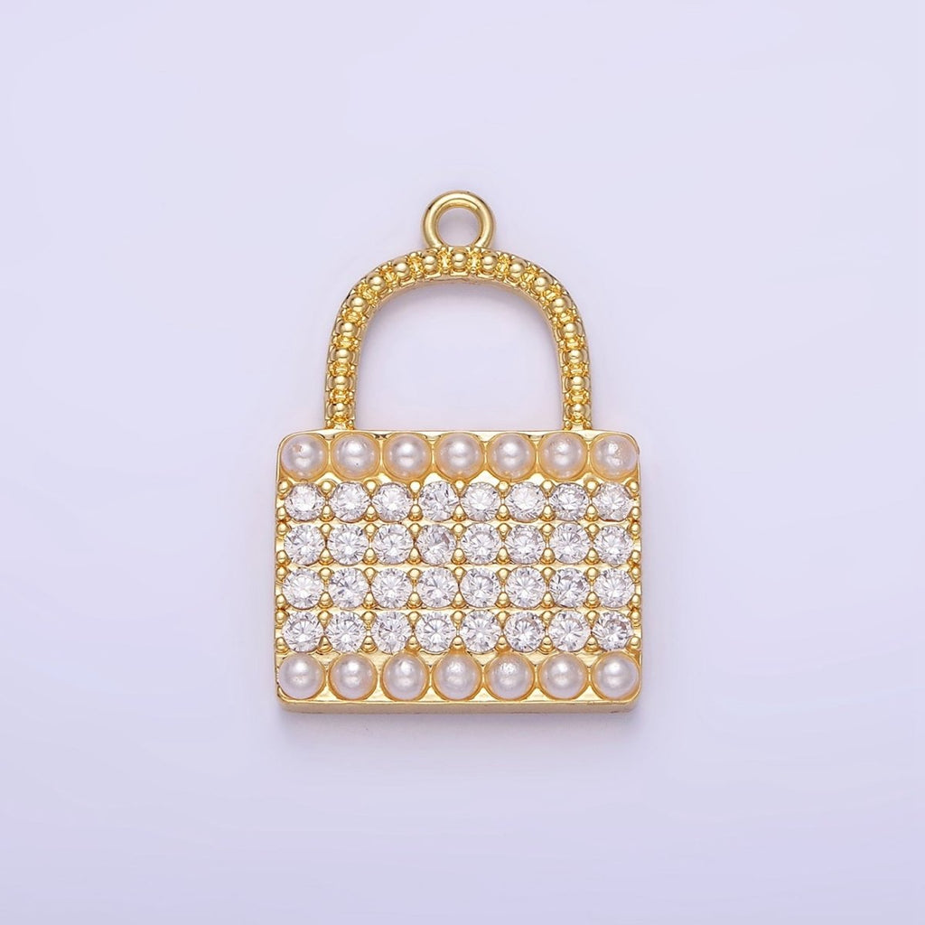14K Gold plated Micro Paved CZ Pearl Lined Padlock Charm in Gold & Silver | AG691