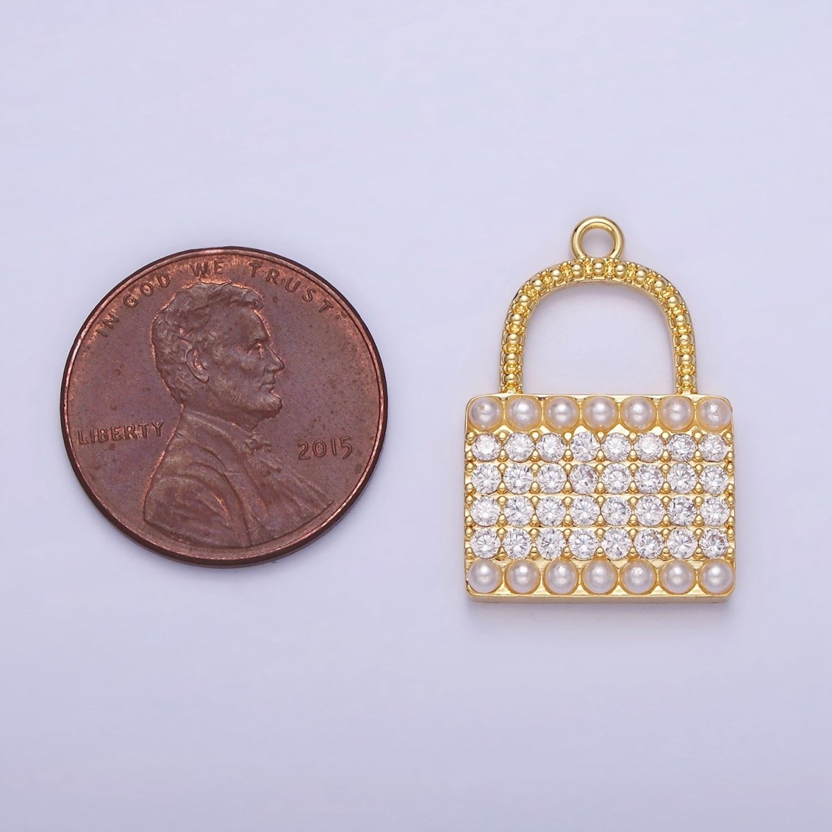 14K Gold plated Micro Paved CZ Pearl Lined Padlock Charm in Gold & Silver | AG691