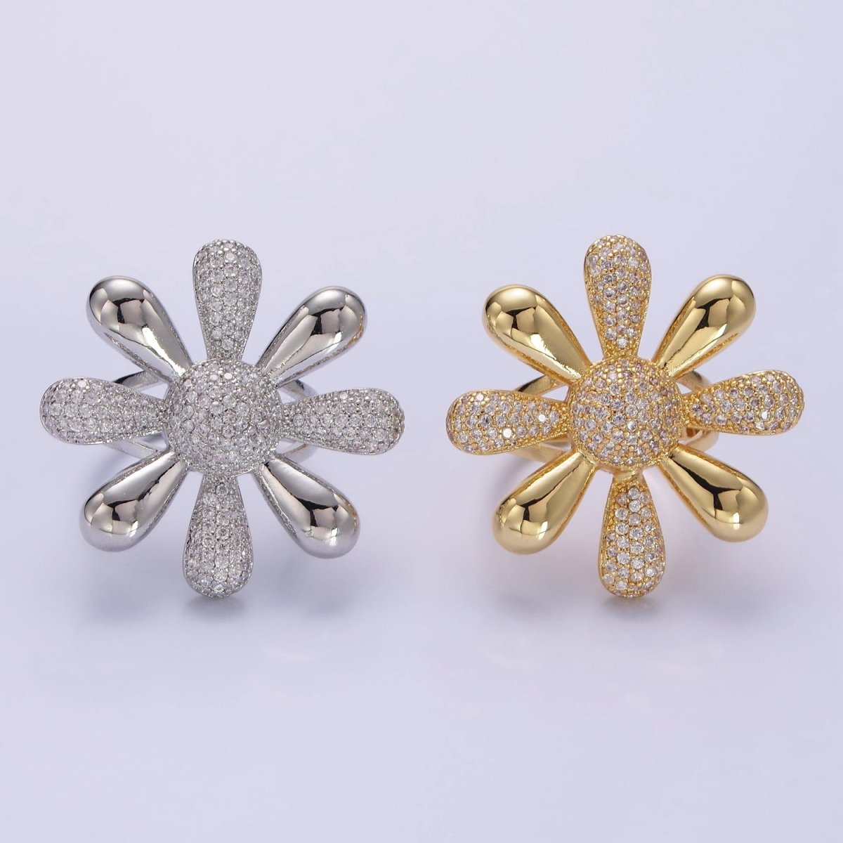 14K Gold plated Micro Paved CZ Petal Flower Ring in Silver & Gold | R236 R237