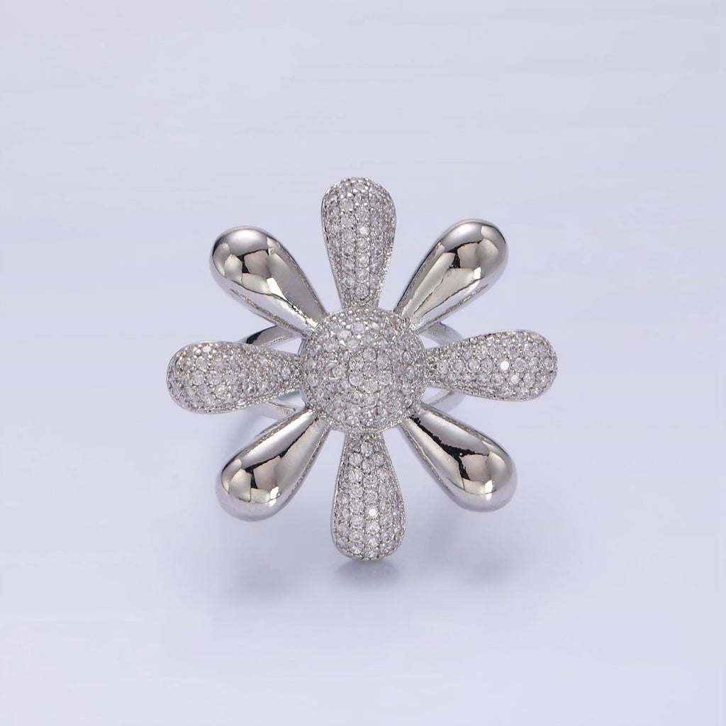 14K Gold plated Micro Paved CZ Petal Flower Ring in Silver & Gold | R236 R237