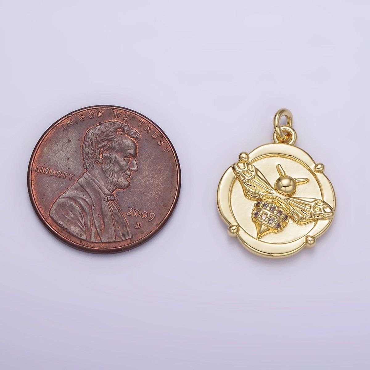 14K Gold plated Micro Paved CZ Queen Bee Round Square Charm | AG307 - DLUXCA