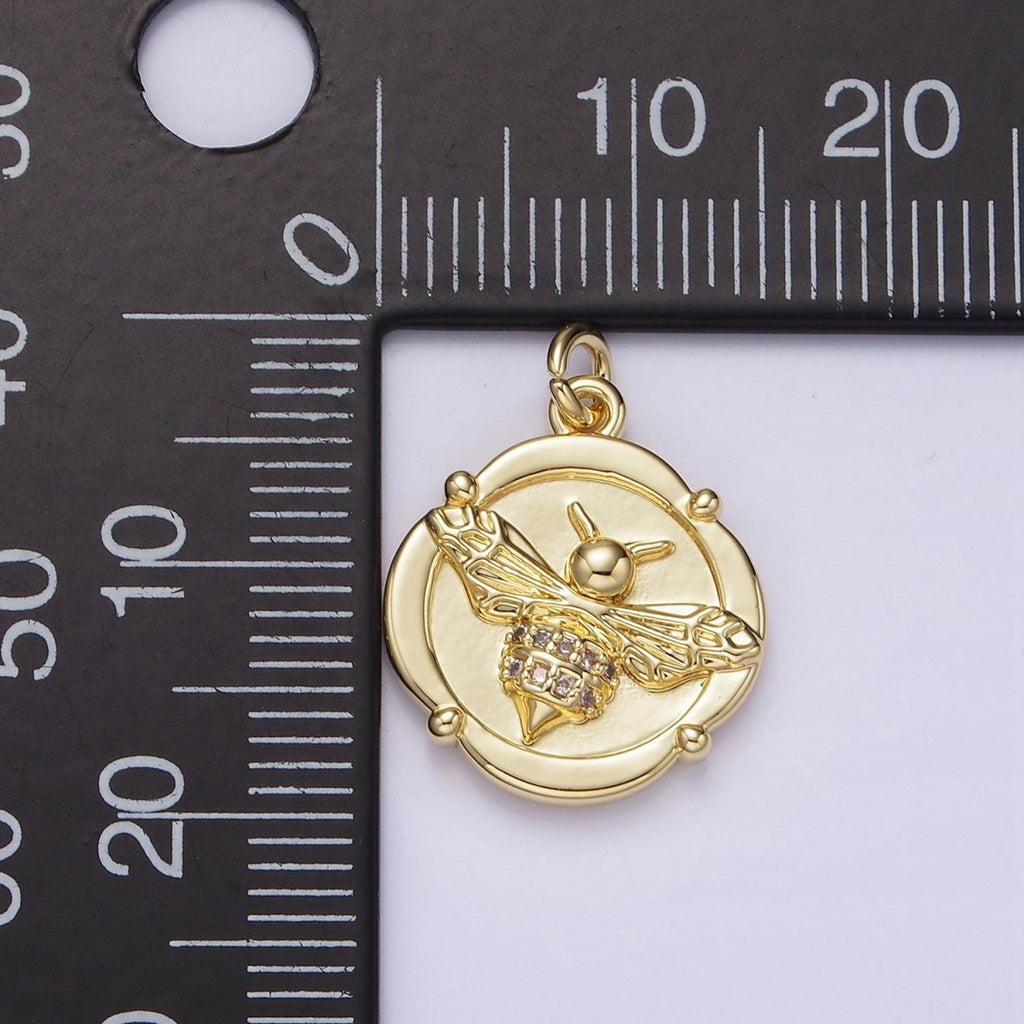 14K Gold plated Micro Paved CZ Queen Bee Round Square Charm | AG307 - DLUXCA