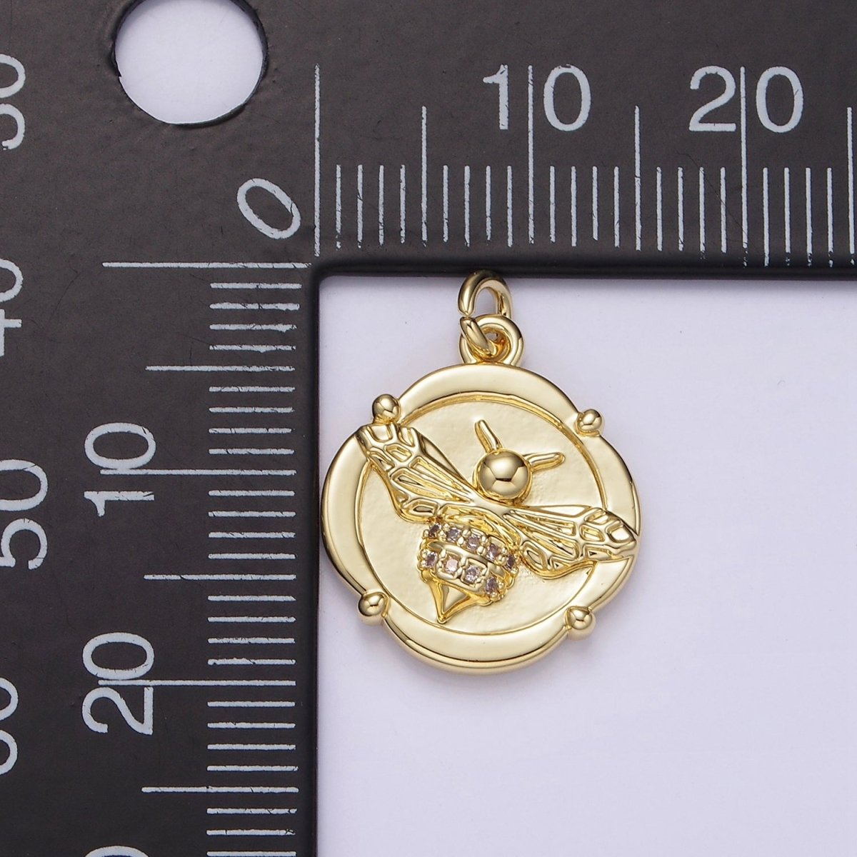 14K Gold plated Micro Paved CZ Queen Bee Round Square Charm | AG307 - DLUXCA