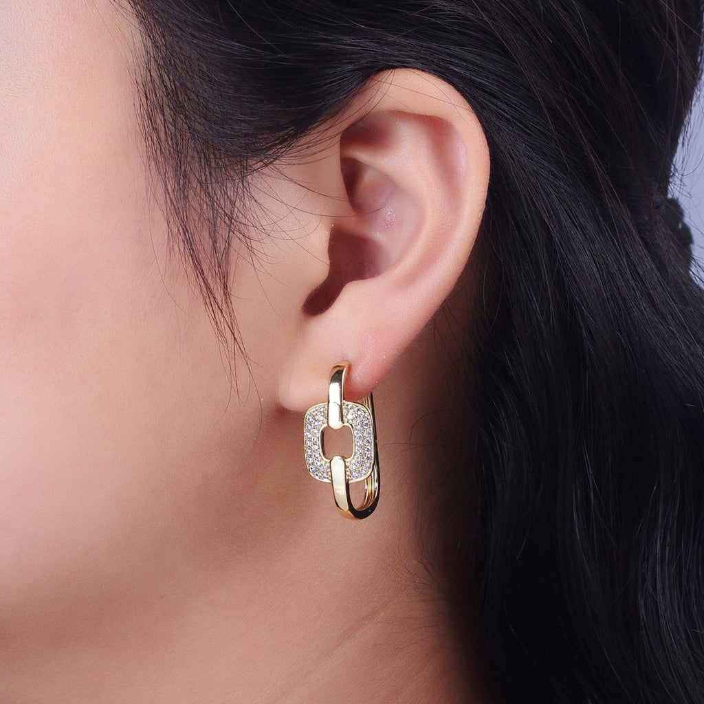 14K Gold plated Micro Paved CZ Rectangular Connecting Oblong Huggie Earrings | V-030 - DLUXCA