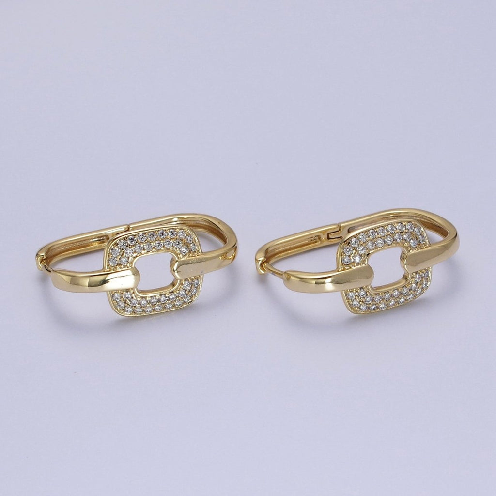 14K Gold plated Micro Paved CZ Rectangular Connecting Oblong Huggie Earrings | V-030 - DLUXCA