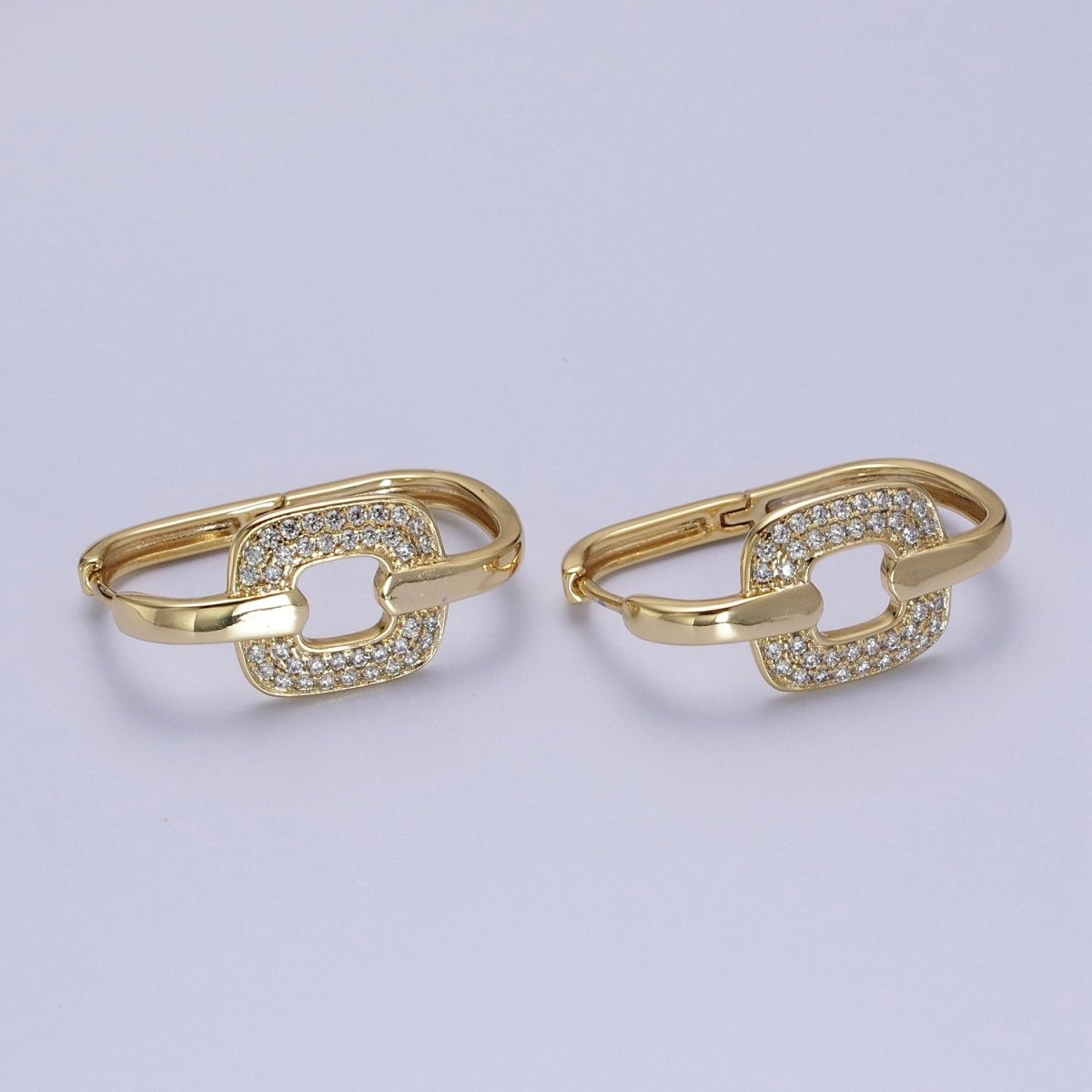 14K Gold plated Micro Paved CZ Rectangular Connecting Oblong Huggie Earrings | V-030 - DLUXCA