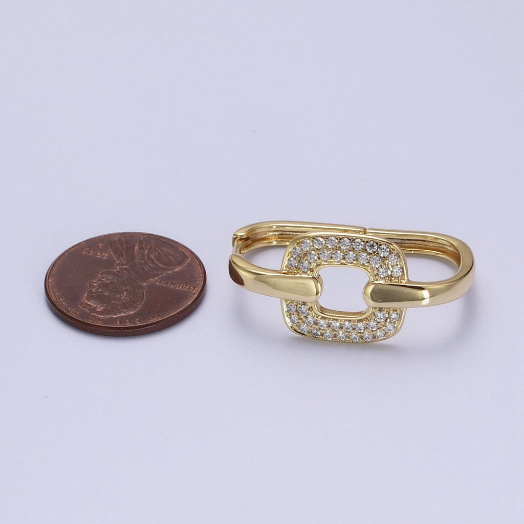 14K Gold plated Micro Paved CZ Rectangular Connecting Oblong Huggie Earrings | V-030 - DLUXCA