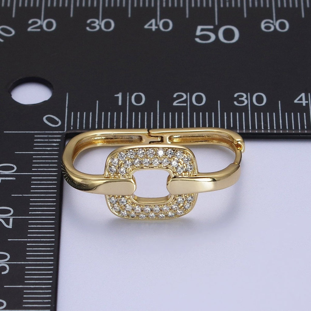 14K Gold plated Micro Paved CZ Rectangular Connecting Oblong Huggie Earrings | V-030 - DLUXCA