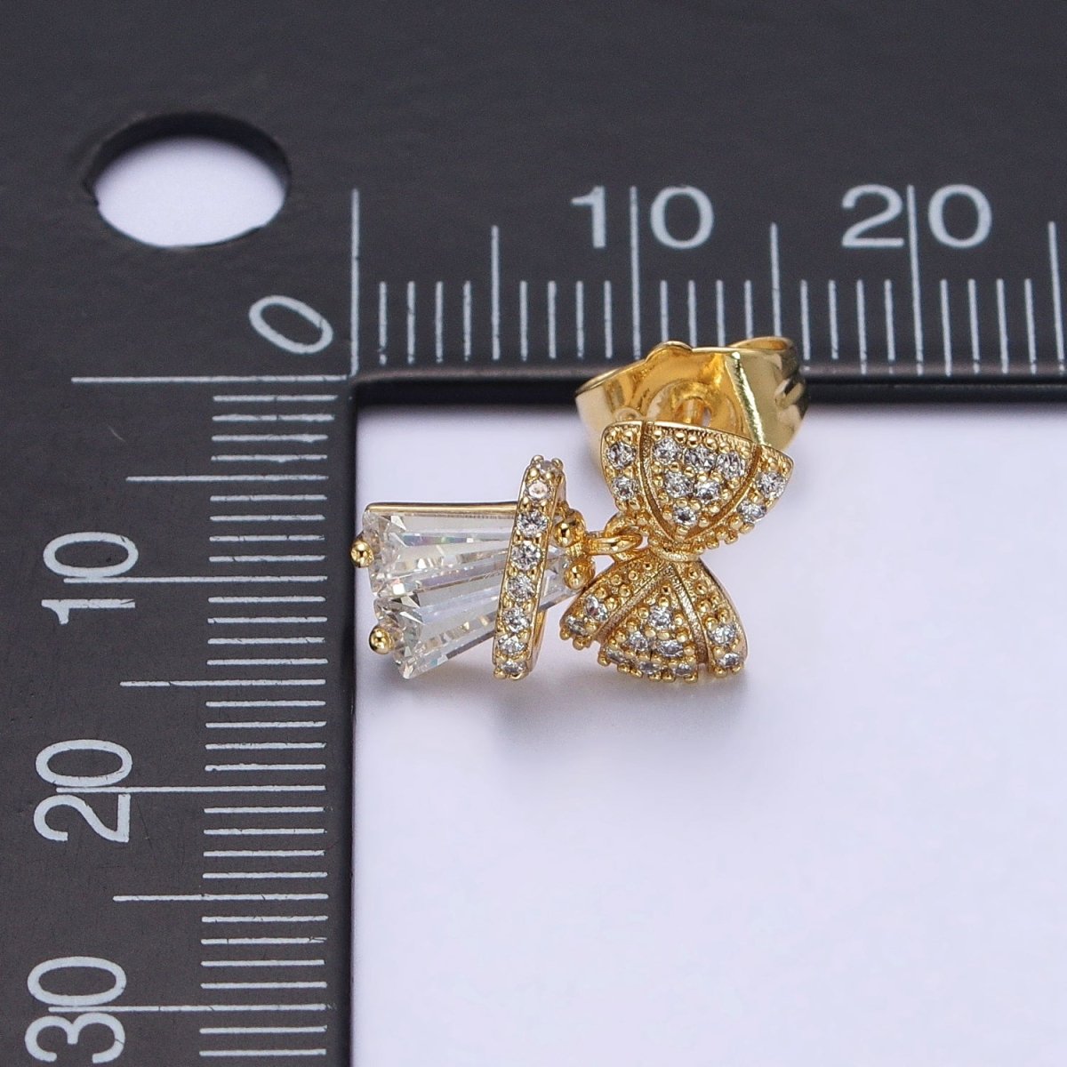14K Gold plated Micro Paved CZ Ribbon Bow Clear Baguette Dangle Stud Earrings | AB162
