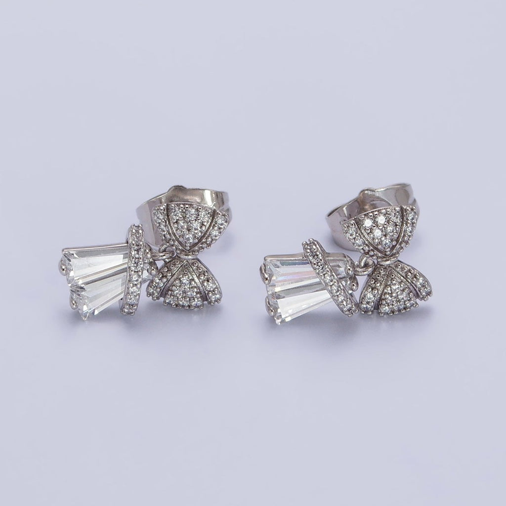 14K Gold plated Micro Paved CZ Ribbon Bow Clear Baguette Dangle Stud Earrings | AB162