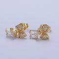 14K Gold plated Micro Paved CZ Ribbon Bow Clear Baguette Dangle Stud Earrings | AB162