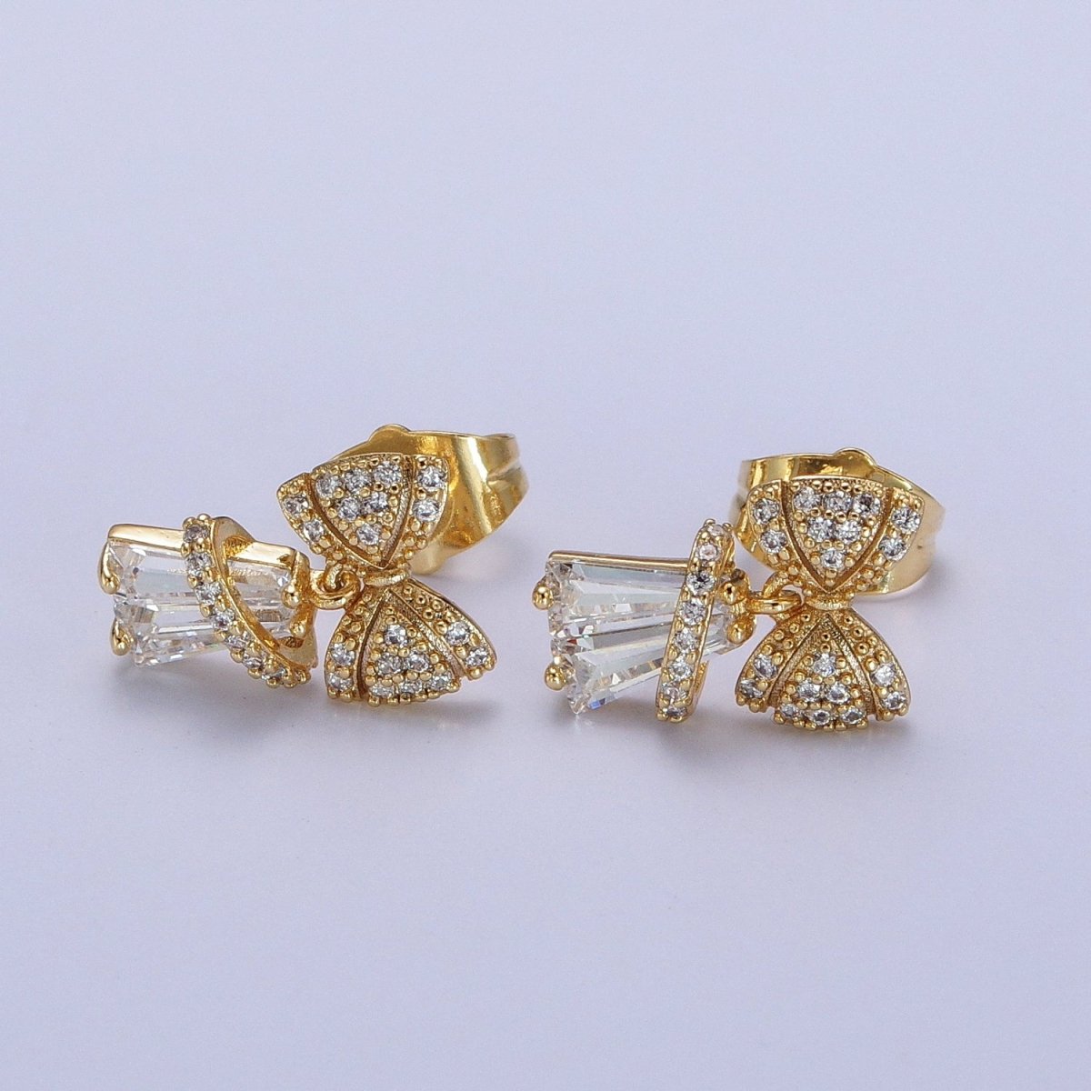 14K Gold plated Micro Paved CZ Ribbon Bow Clear Baguette Dangle Stud Earrings | AB162