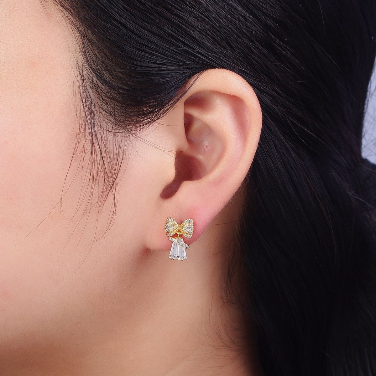 14K Gold plated Micro Paved CZ Ribbon Bow Clear Baguette Dangle Stud Earrings | AB162