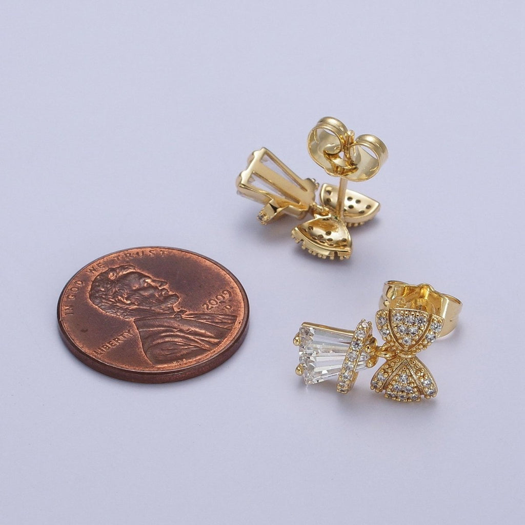 14K Gold plated Micro Paved CZ Ribbon Bow Clear Baguette Dangle Stud Earrings | AB162