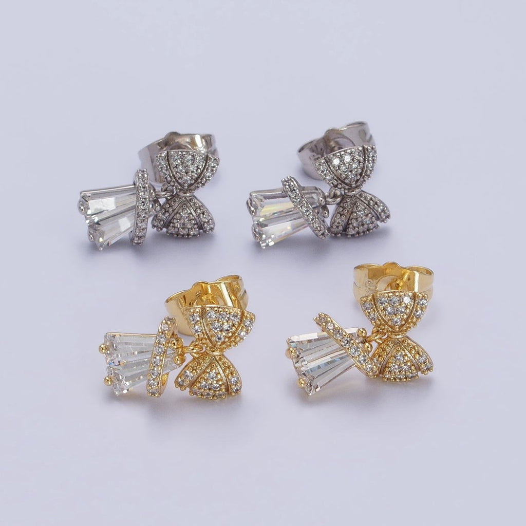 14K Gold plated Micro Paved CZ Ribbon Bow Clear Baguette Dangle Stud Earrings | AB162