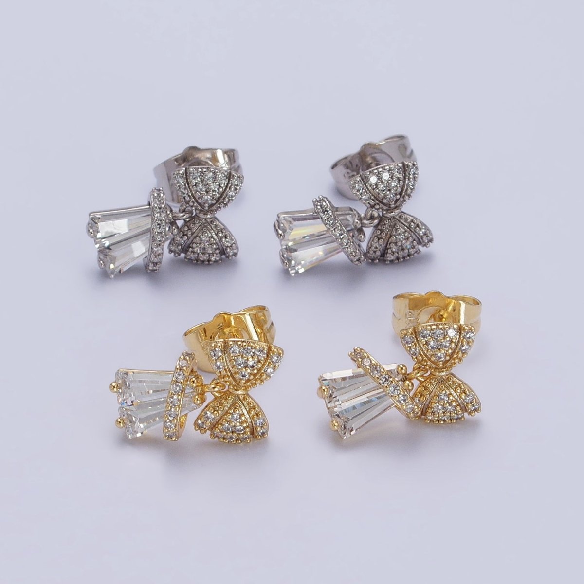 14K Gold plated Micro Paved CZ Ribbon Bow Clear Baguette Dangle Stud Earrings | AB162