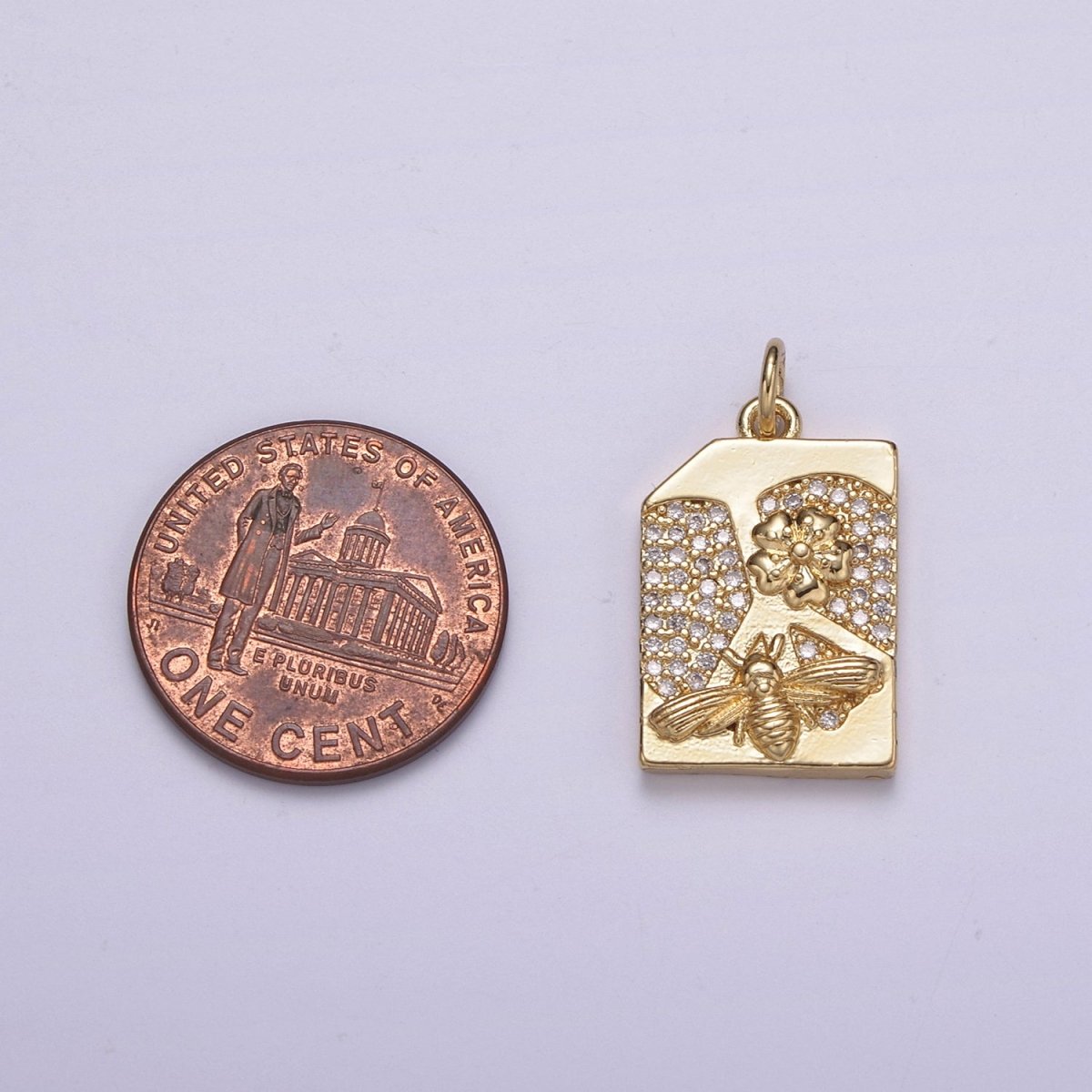 14K Gold plated Micro Paved CZ Square Sweet Honey Bee Rectangle Tag Charm N-213 - DLUXCA