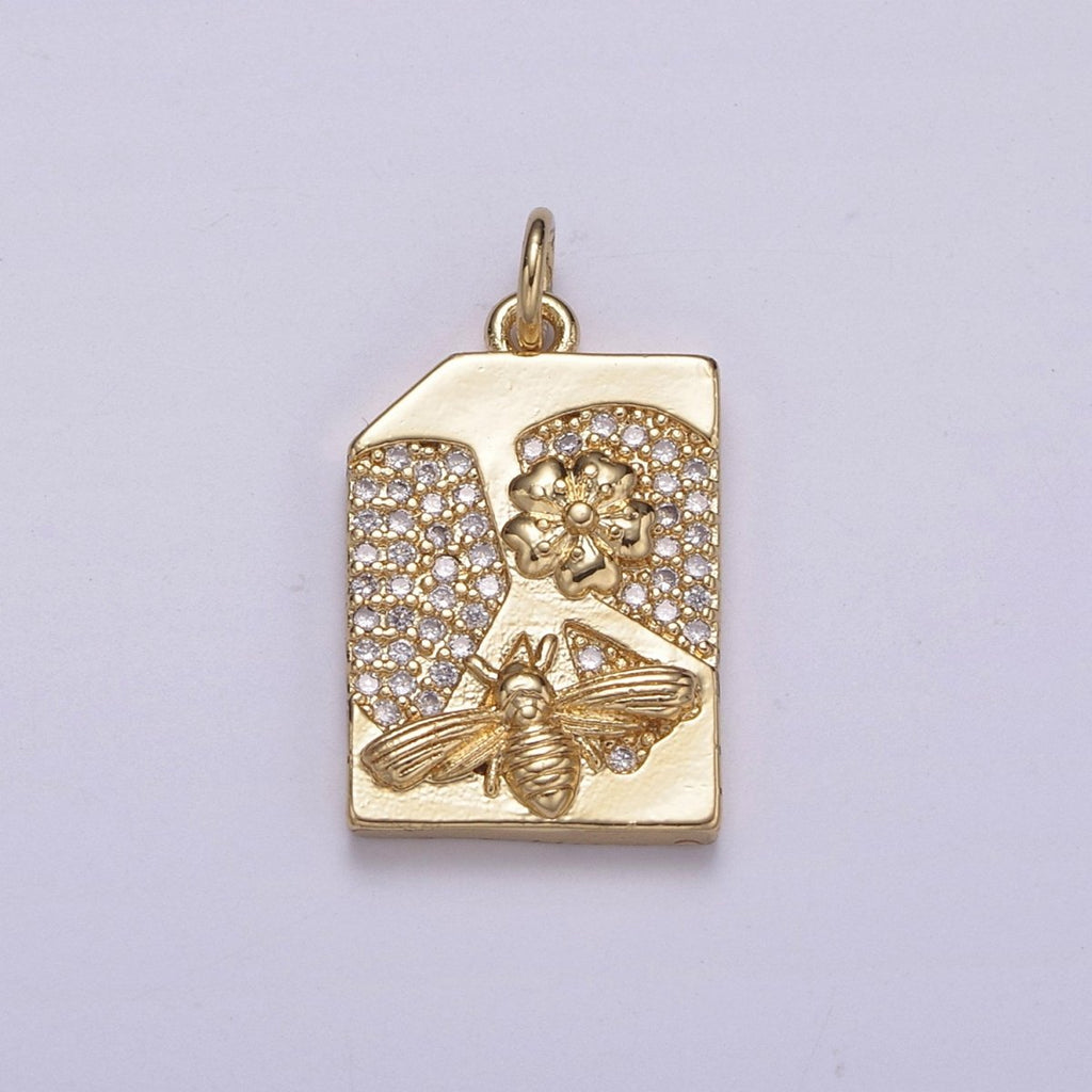14K Gold plated Micro Paved CZ Square Sweet Honey Bee Rectangle Tag Charm N-213 - DLUXCA