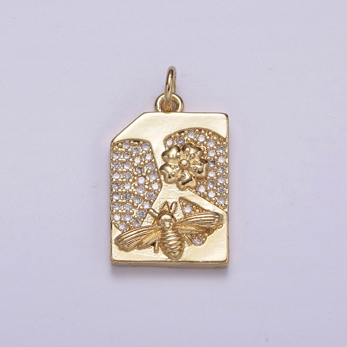 14K Gold plated Micro Paved CZ Square Sweet Honey Bee Rectangle Tag Charm N-213 - DLUXCA