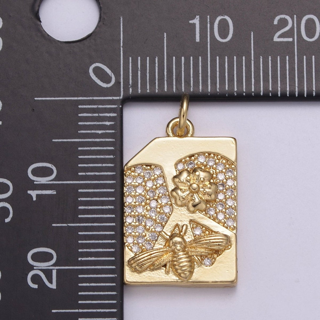 14K Gold plated Micro Paved CZ Square Sweet Honey Bee Rectangle Tag Charm N-213 - DLUXCA