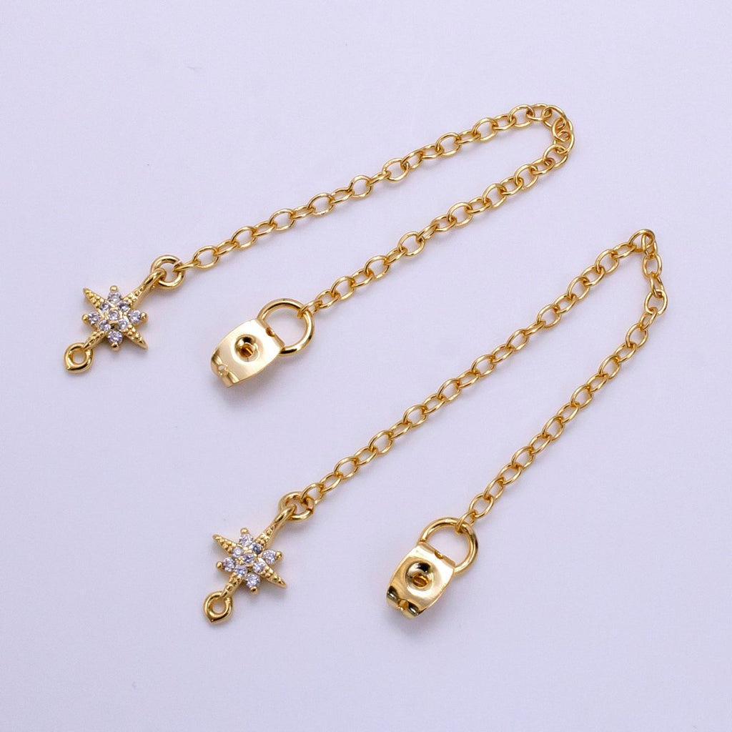 14K Gold plated Micro Paved CZ Star Chain Link Earring Backing Findings Set | Z687 - DLUXCA