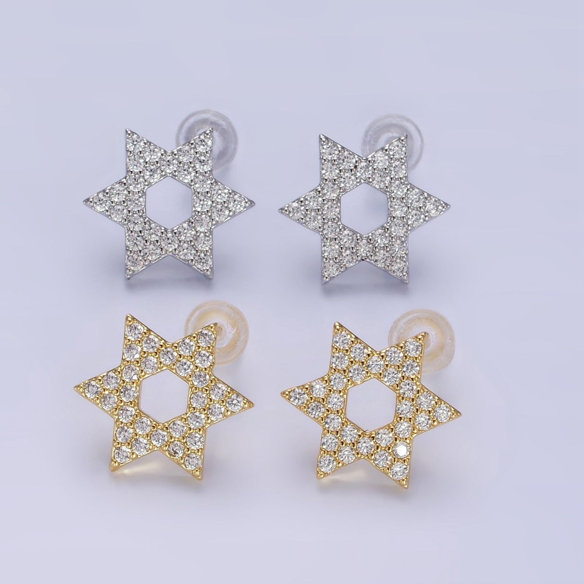 14K Gold plated Micro Paved CZ Star of David Stud Earrings in Gold & Silver | AB1273 AB1274 - DLUXCA