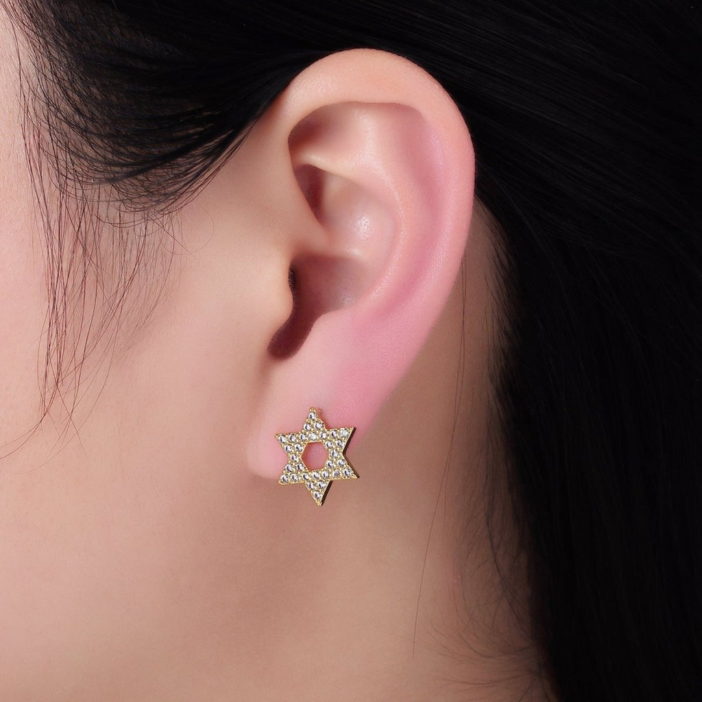 14K Gold plated Micro Paved CZ Star of David Stud Earrings in Gold & Silver | AB1273 AB1274 - DLUXCA