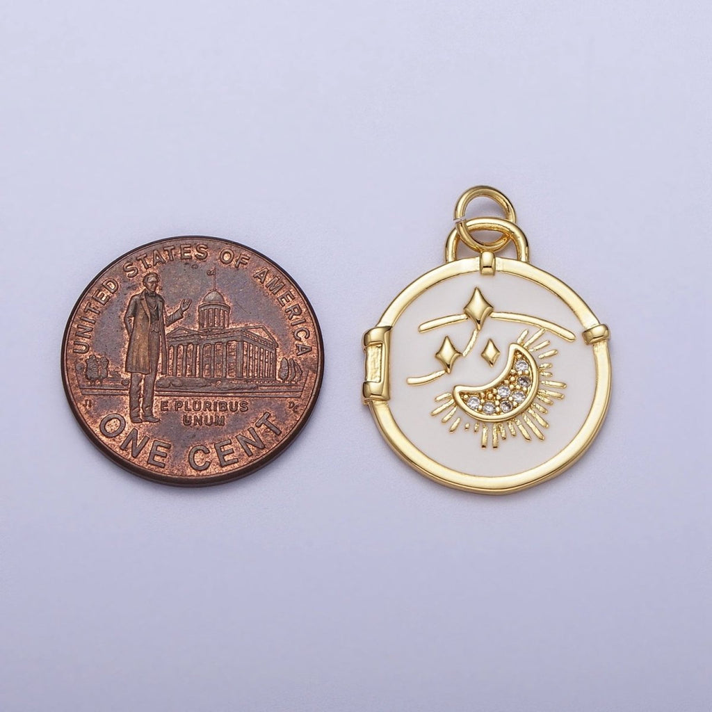 14K Gold plated Micro Paved CZ Sun Crescent Moon Shooting Star White Enamel Celestial Charm E-696 - DLUXCA