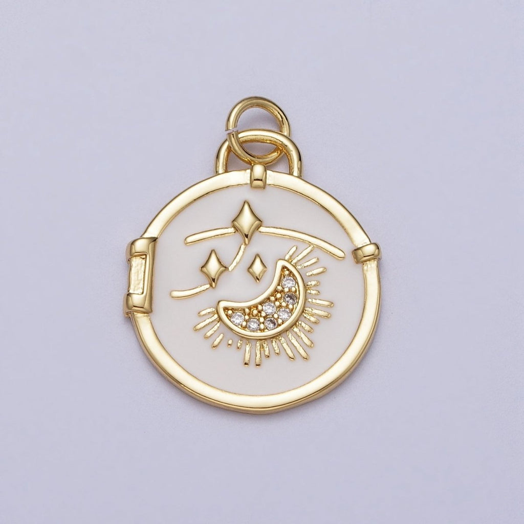 14K Gold plated Micro Paved CZ Sun Crescent Moon Shooting Star White Enamel Celestial Charm E-696 - DLUXCA