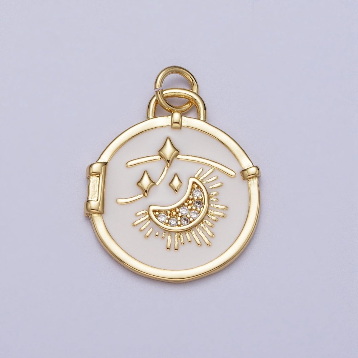 14K Gold plated Micro Paved CZ Sun Crescent Moon Shooting Star White Enamel Celestial Charm E-696 - DLUXCA
