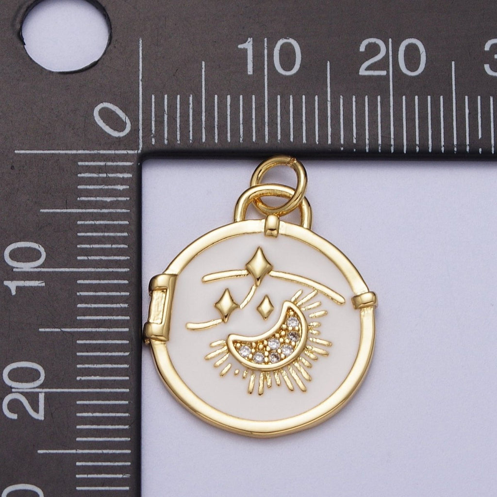 14K Gold plated Micro Paved CZ Sun Crescent Moon Shooting Star White Enamel Celestial Charm E-696 - DLUXCA