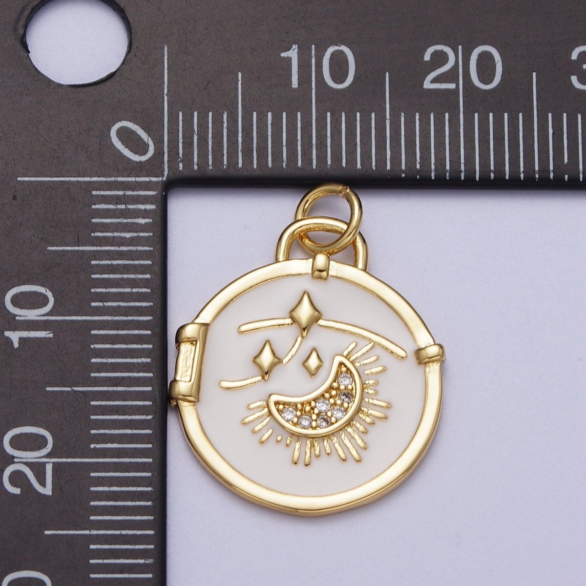 14K Gold plated Micro Paved CZ Sun Crescent Moon Shooting Star White Enamel Celestial Charm E-696 - DLUXCA