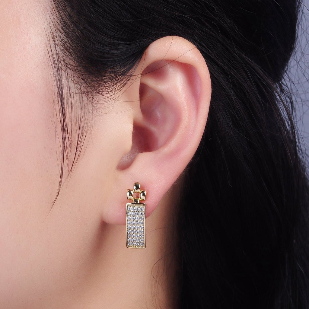 14K Gold plated Micro Paved CZ Tag Panther Link English Lock Hoop Earrings | AE408 - DLUXCA