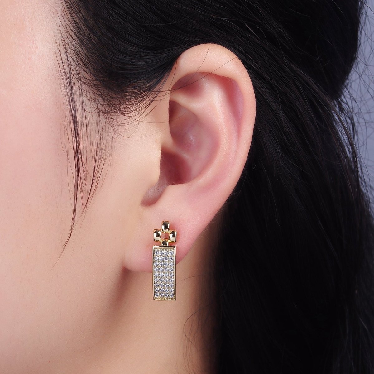 14K Gold plated Micro Paved CZ Tag Panther Link English Lock Hoop Earrings | AE408 - DLUXCA