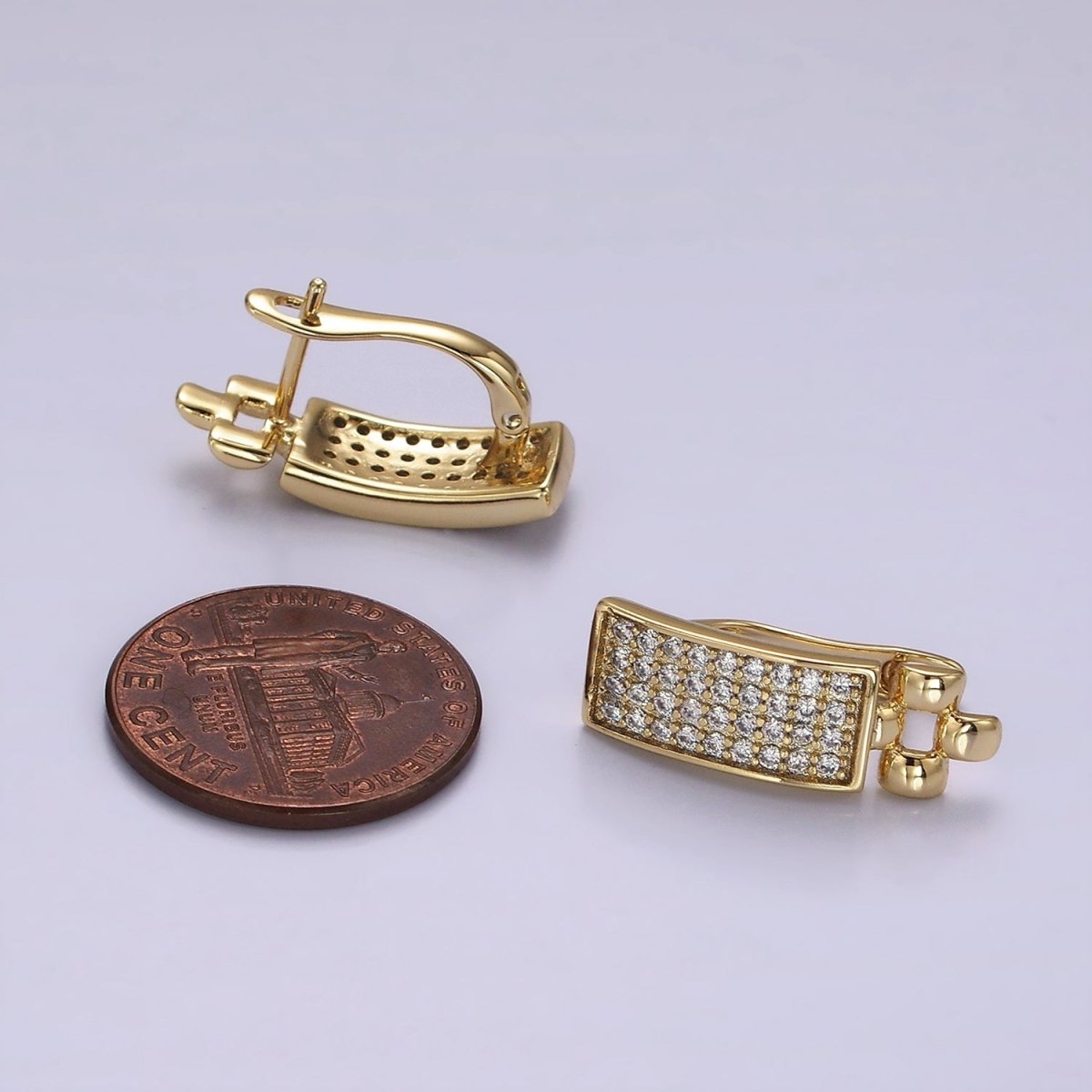 14K Gold plated Micro Paved CZ Tag Panther Link English Lock Hoop Earrings | AE408 - DLUXCA