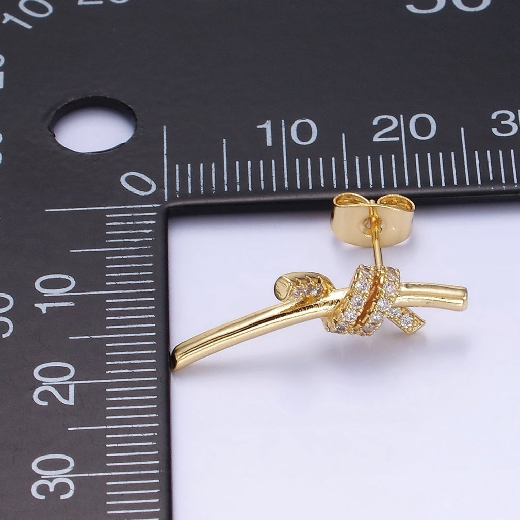 14K Gold plated Micro Paved CZ Tied Bar Stud Earrings | AB1400 - DLUXCA