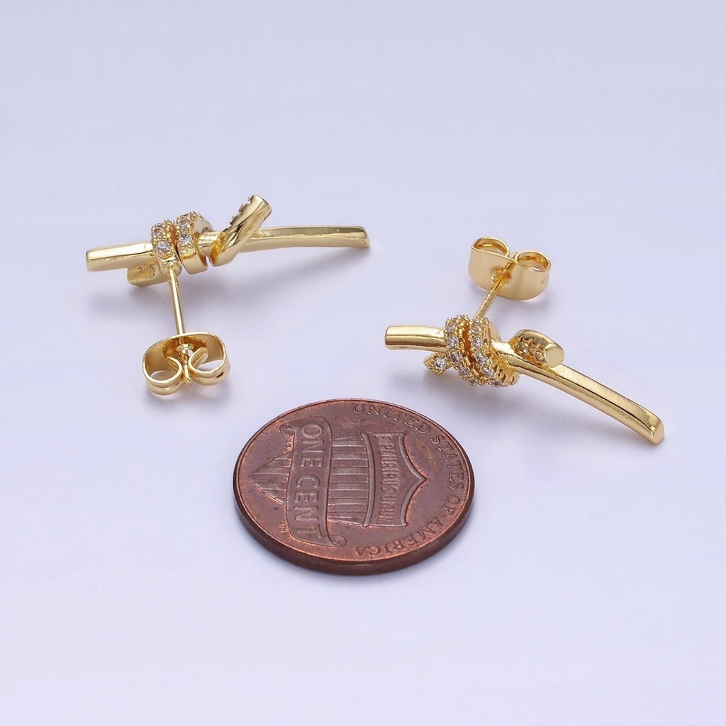 14K Gold plated Micro Paved CZ Tied Bar Stud Earrings | AB1400 - DLUXCA