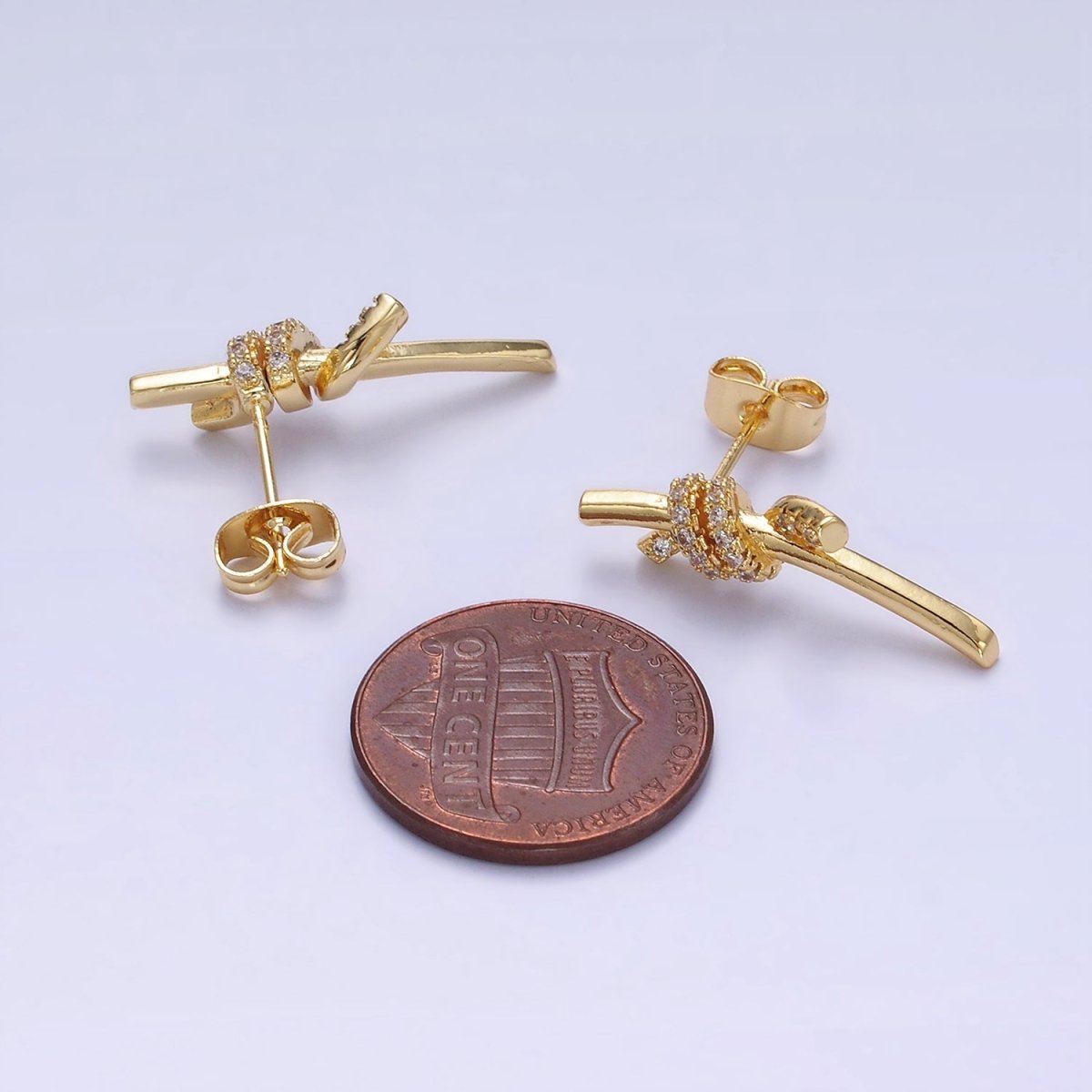 14K Gold plated Micro Paved CZ Tied Bar Stud Earrings | AB1400 - DLUXCA