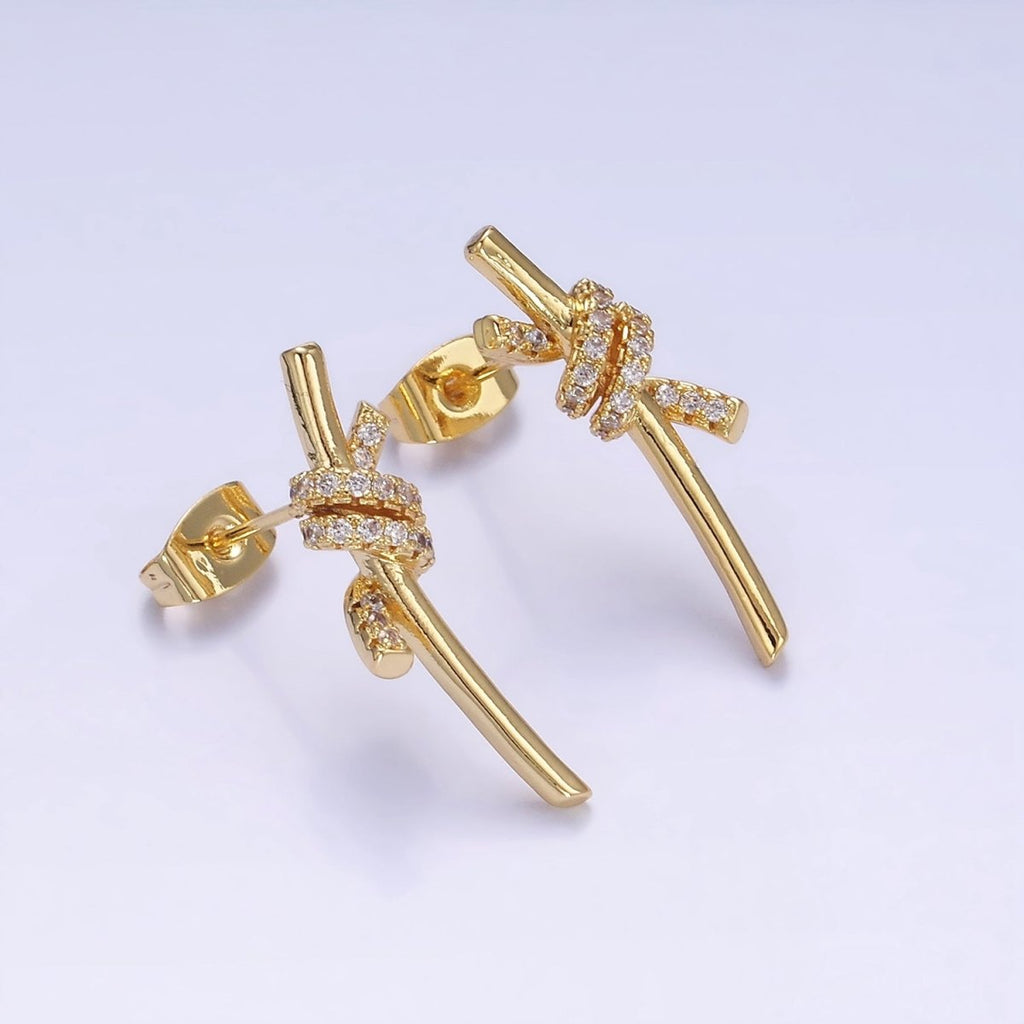 14K Gold plated Micro Paved CZ Tied Bar Stud Earrings | AB1400 - DLUXCA