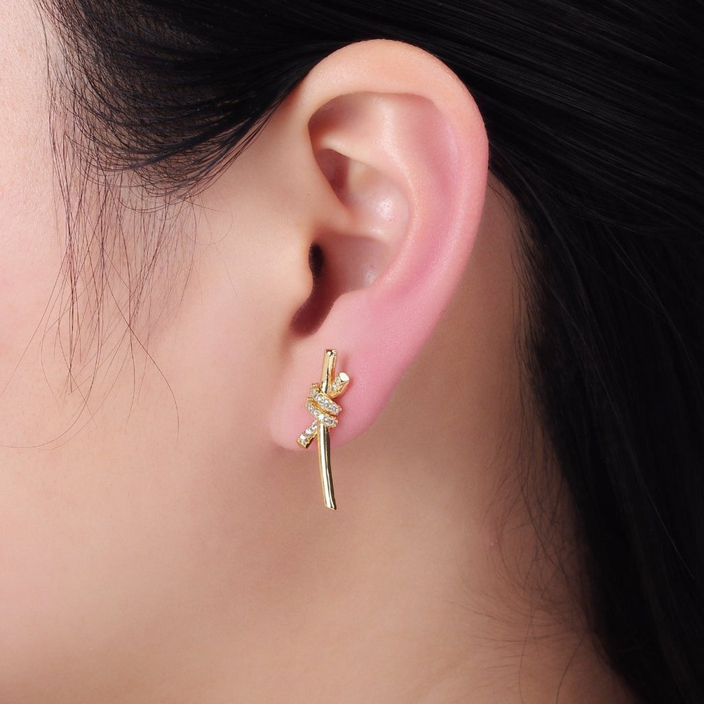 14K Gold plated Micro Paved CZ Tied Bar Stud Earrings | AB1400 - DLUXCA
