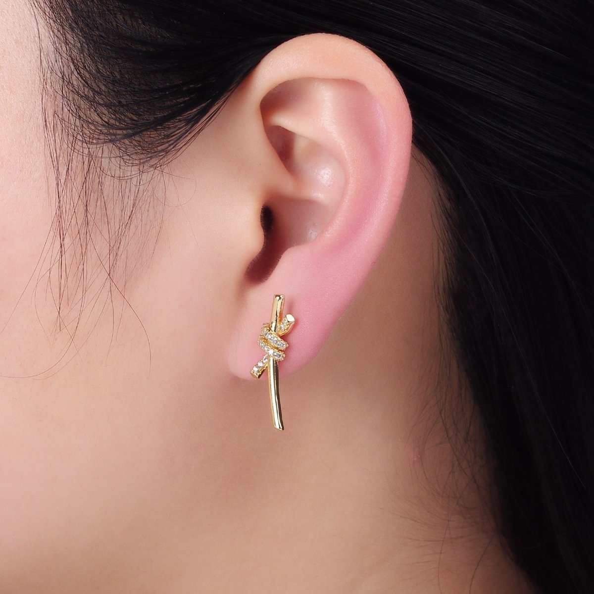 14K Gold plated Micro Paved CZ Tied Bar Stud Earrings | AB1400 - DLUXCA