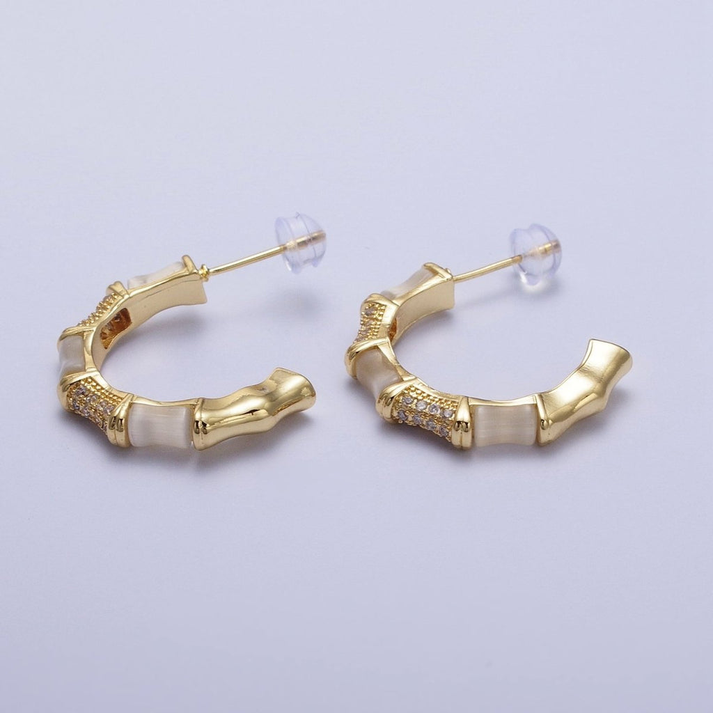 14K Gold plated Micro Paved CZ White Cats Eye Bamboo C Shaped Stud Earrings | Y-084 - DLUXCA