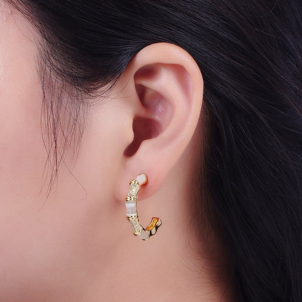 14K Gold plated Micro Paved CZ White Cats Eye Bamboo C Shaped Stud Earrings | Y-084 - DLUXCA