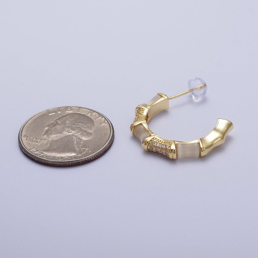 14K Gold plated Micro Paved CZ White Cats Eye Bamboo C Shaped Stud Earrings | Y-084 - DLUXCA