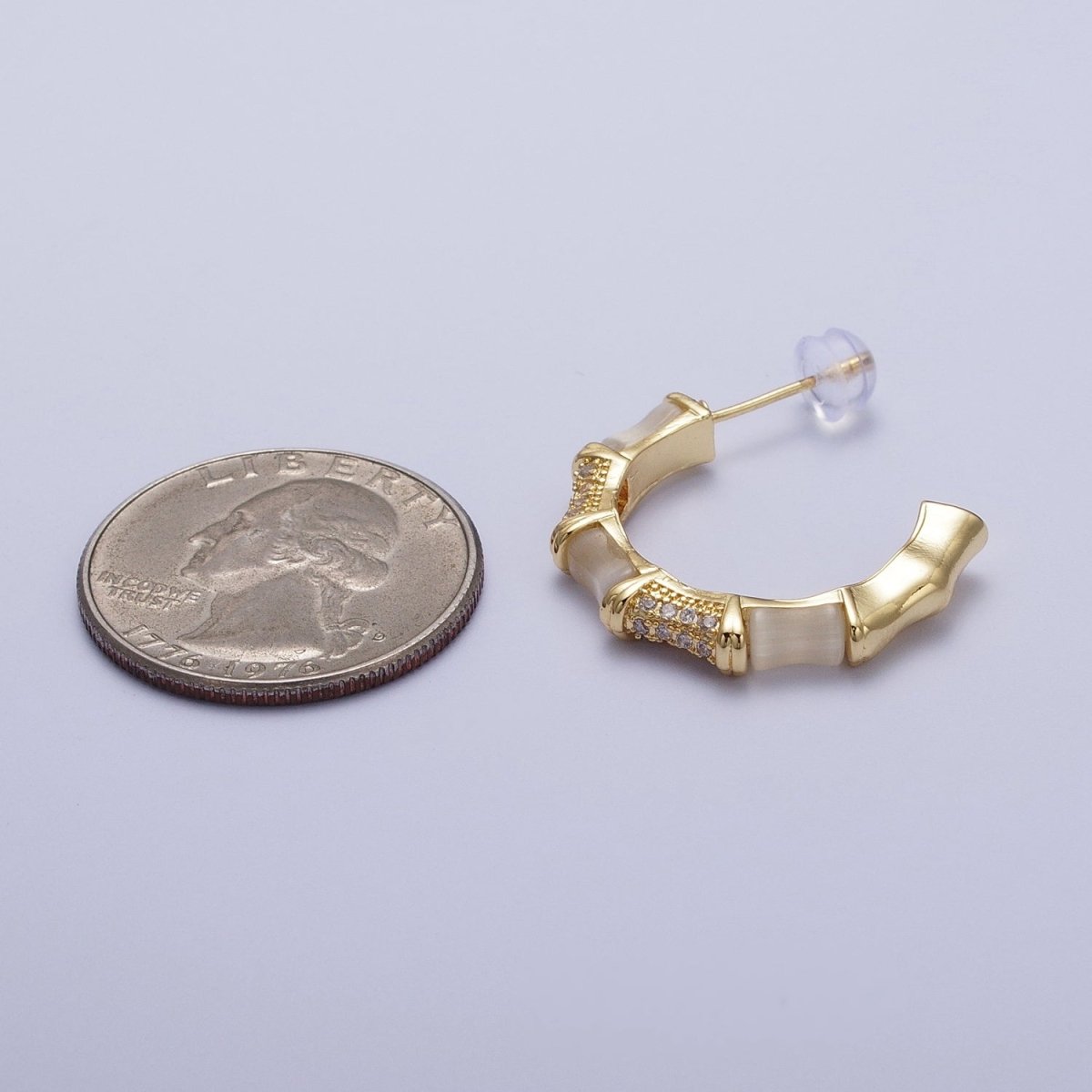 14K Gold plated Micro Paved CZ White Cats Eye Bamboo C Shaped Stud Earrings | Y-084 - DLUXCA